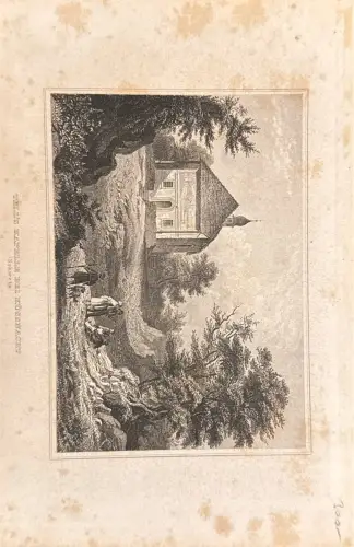 Stich: Dorfkirche bei Bäumen, Figuren; 19. Jh.; Buchtafel; Flecken, Randspuren