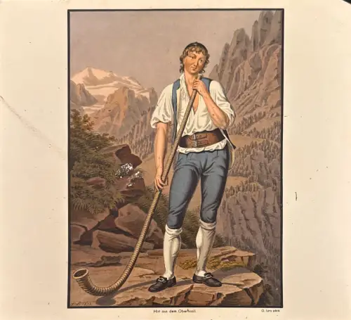 Kolorierter Druck: Hirt aus dem Oberhasli in Alpenlandschaft, datiert 1805; Randflecken