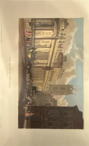 Kolorierter Architekturdruck Bank of England London, Kutschen/Passanten; Randflecken