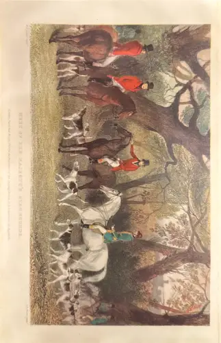 Farbdruck: Reiter mit Jagdhunden im Wald; Papier gebräunt, Randspuren