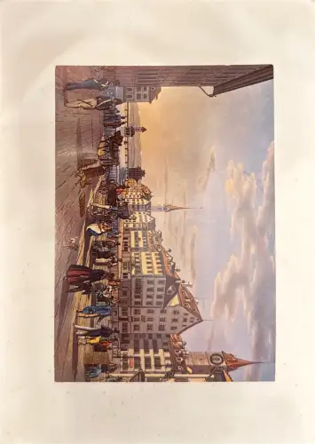 Farbdruck: Stadtplatz, Architektur, Kirche, Personen, Pferdewagen; Flecken, Randspuren