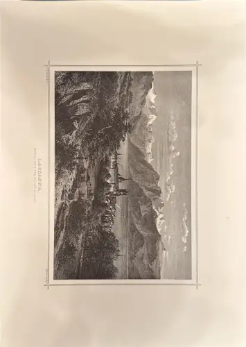 Stich: Lausanne Stadtansicht mit See und Alpen; Plattenrand; altersbedingte Flecken