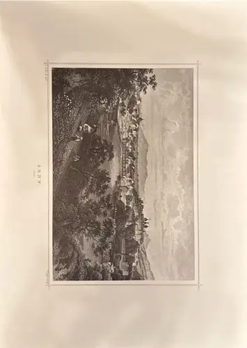 Monochromer Druck: Stadtansicht Genf am See, Plattenrand, Papier altersbedingt; Rückseite leer, Flecken