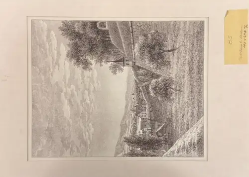 Schwarzweißdruck: Landschaft mit Dorf und Kirche; Randspuren, Flecken; Rückseite leer, vergilbt