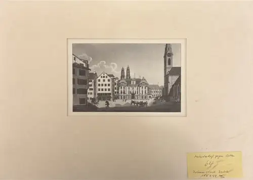 Stadtplatz mit Kirche und Gebäuden, Druck 19. Jh.; Flecken, Randspuren; 2. Blatt leer, Flecken