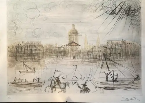 Lithografie: Stadtansicht am Wasser mit Booten und Figuren, „DALI Reiter am Fluss“ 182/250, Randspuren