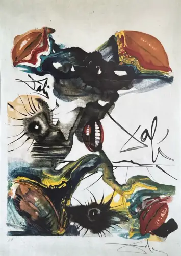 Abstrakte Figur, Farbdruck, Signatur im Motiv; Rückseite Etikett „DALI Litho“; Flecken, Randspuren