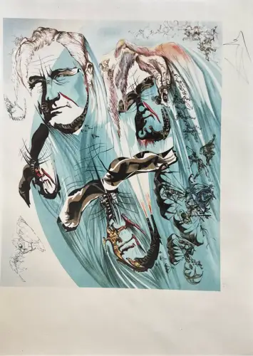 Farbdruck mit surrealen Porträtköpfen und Figuren, Randspuren am Blatt