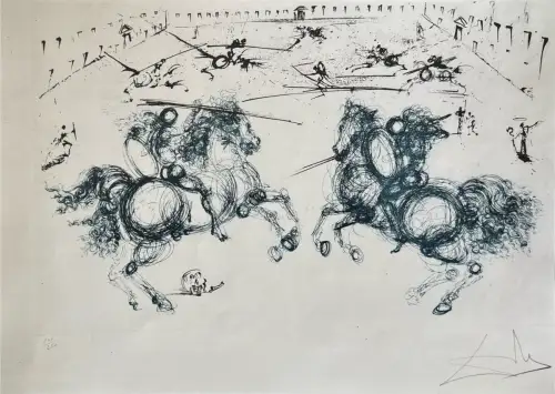 Schwarzweißdruck, Reitszene mit Pferden; nummeriert 101/250; Randspuren, Etikett am Rand