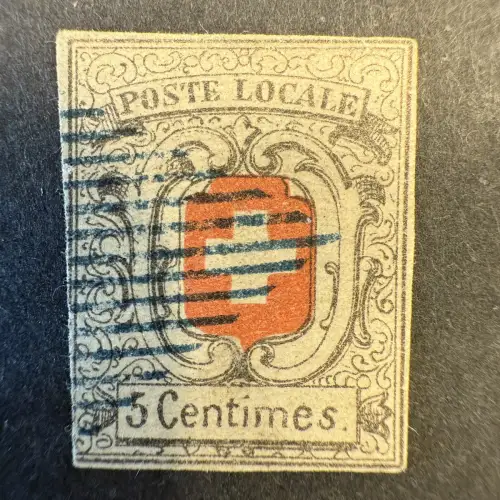 Schweiz 5c Poste Locale mit blauem Stempel, rotes Kreuz