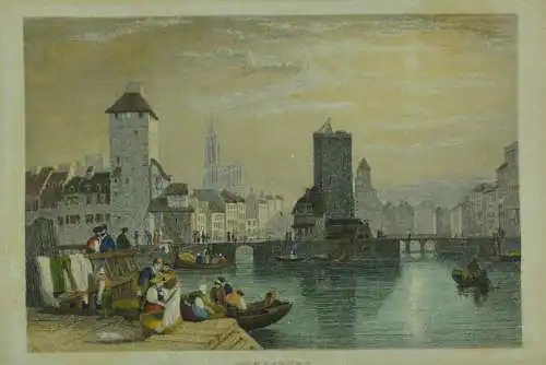 Antikes Farbradierung von Ponts Couverts, Straßburg, 19. Jahrhundert