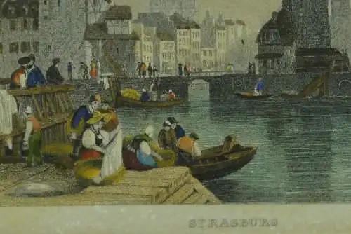 Antikes Farbradierung von Ponts Couverts, Straßburg, 19. Jahrhundert