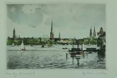 Radierung von Adolf Mühlhan, Hamburg Außenalster 