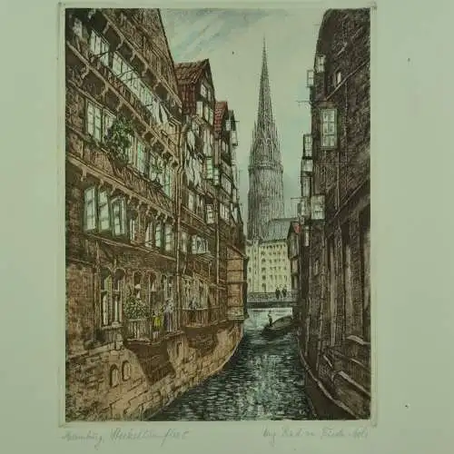 Farbradierung Steckelhörnfleet mit St. Nikolai, Helma Fischer-Oels  