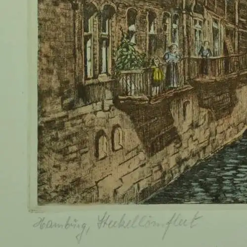 Farbradierung Steckelhörnfleet mit St. Nikolai, Helma Fischer-Oels  