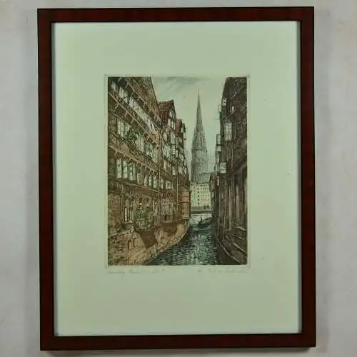 Farbradierung Steckelhörnfleet mit St. Nikolai, Helma Fischer-Oels  
