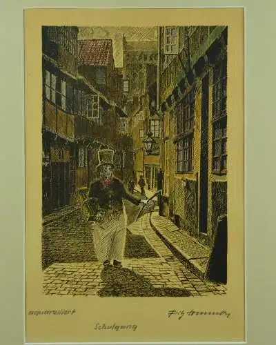 Farbradierung Schulgang von Fritz Sommer  