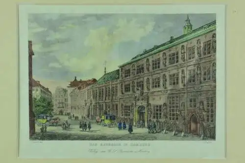 Farbstahlstich Das Rathaus in Hamburg von James Gray  