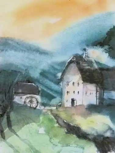Aquarell Alte Mühle von Klara Scholler  
