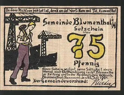 Notgeld Blumenthal (Hannover), 1921, 75 Pfennig, Werftarbeiter mit Schiffswerft, Grau mit Spindel