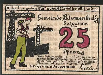 Notgeld Blumenthal (Hannover), 1921, 25 Pfennig, Werftarbeiter mit Schiffswerft, Grau mit Spindel