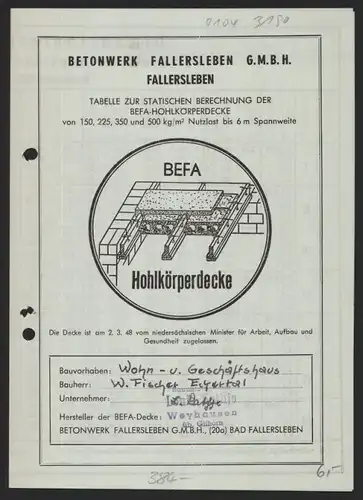 Prospekt Fallersleben, BEFA-Betonwerk, Dimensionierungs-Tabelle, Hohlkörperdecke