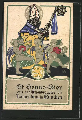 Künstler-AK Otto Obermeier, Reklame für St. Benno-Bier aus der Brauerei Löwenbräu in München, Sanct Benno, Engel