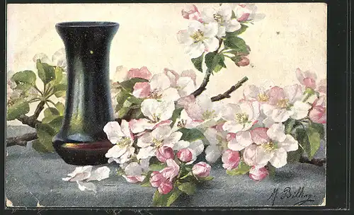 Künstler-AK M.Billing: Stilleben mit blühenden Kirschzweigen und Vase