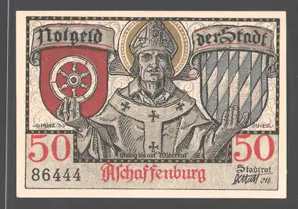 Notgeld Aschaffenburg 1921, 50 Pfennig, Stadtwappen, Jäger bläst das Horn