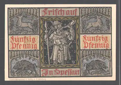 Notgeld Aschaffenburg 1921, 50 Pfennig, Stadtwappen, Jäger bläst das Horn