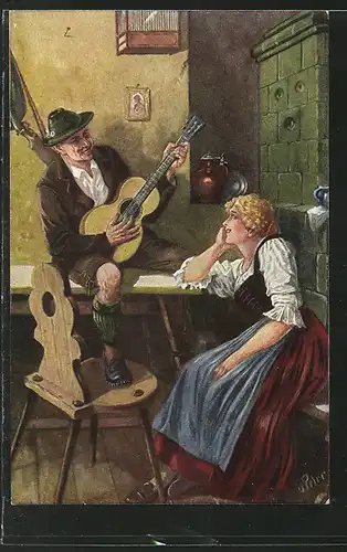 AK Mann spielt ein Lied auf einer Gitarre für eine Frau