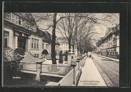 AK Ludwigsburg, Alleenstrasse, Stadtbad, Soldatenheim