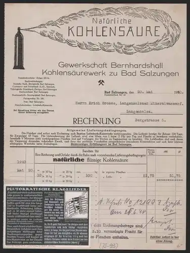 Rechnung Bad Salzungen 1940, Gewerkschaft Bernhardshall, Kohlensäurewerke, Flasche, Kohlensäurewolke, Aufkleber