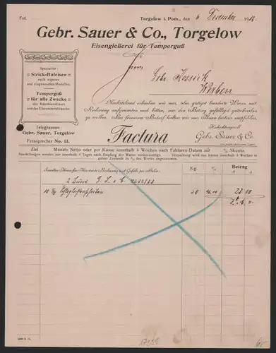 Rechnung Torgelow 1912, Gebrüder Sauer & Co., Eisengiesserei für Temperguss