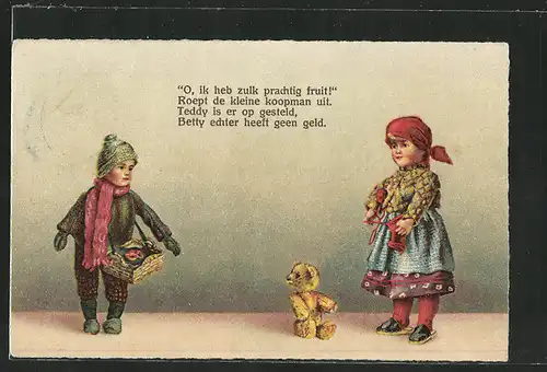 AK Kind mit Bauchladen, Mädchen mit rotem Kopftuch und Teddy