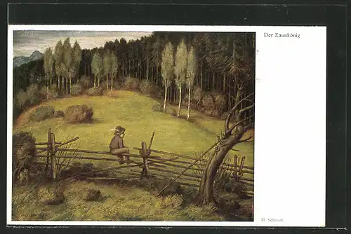 Künstler-AK Matthäus Schiestl: Der Zaunkönig, Junge sitzt auf dem Zaun und schaut zum Wald