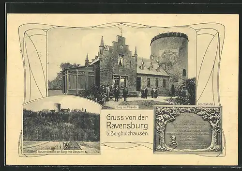 AK Borgholzhausen, Ravensburg, Burg mit Terrasse, Aussenansicht der Burg mit Gespann, Gedenktafel
