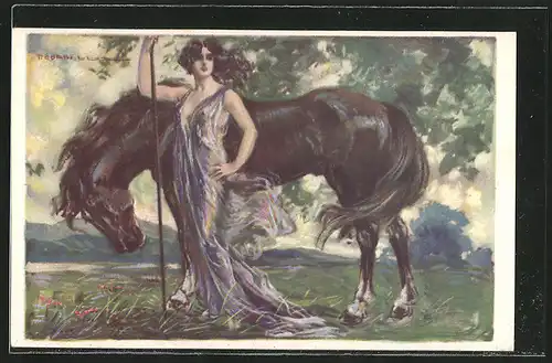 Künstler-AK T.Corbella: Frau mit Kleid hütet ein Pferd
