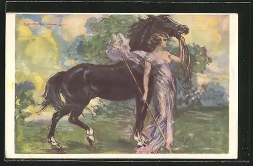 Künstler-AK T.Corbella: Frau mit Kleid hält die Zügel ihres Pferdes