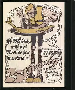 Notgeld Neuhaus 1922, 25 Pfennig, Junge küsst Mädchen, Mann verzehrt Fisch