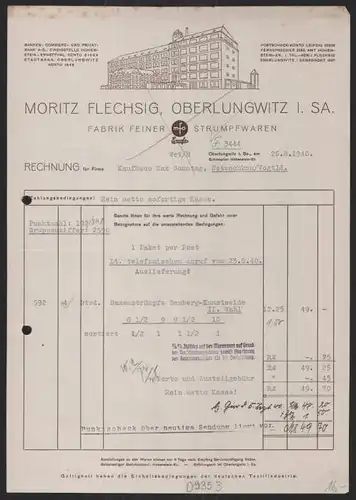Rechnung Oberlungwitz, 1940, Moritz Flechsig, Fabrik feiner Strumpfwaren