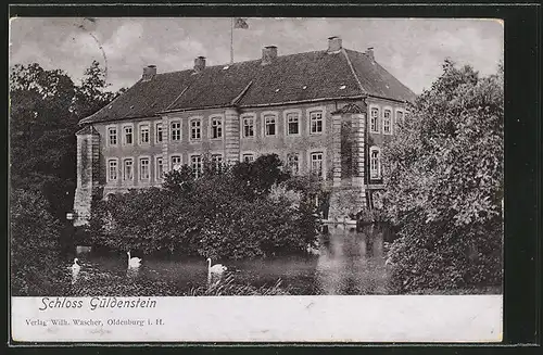 AK Harmsdorf, Blick auf Schloss Güldenstein, Schwäne im Teich