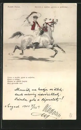 AK Reiter auf seinem galoppierenden Pferd, treibt es mit Peitsche an, \"Petofi Dalai\"