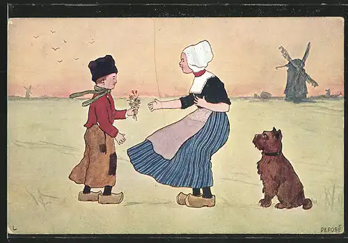 Künstler-AK Brüder Kohn (B.K.W.I) Nr. 840-7: Junge schenkt einem Mädchen in Tracht Blumen, Hund