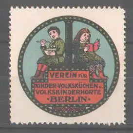 Reklamemarke Verein für Kinder-Volksküchen und Volkskinderhorte Berlin, Junge beim Essen, Mädchen beim Lesen, blau