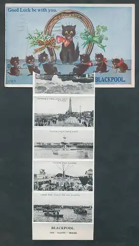 Leporello-AK Blackpool, Hufeisen mit schw. Katzen, Promenade & Tower, Pleasure Beach