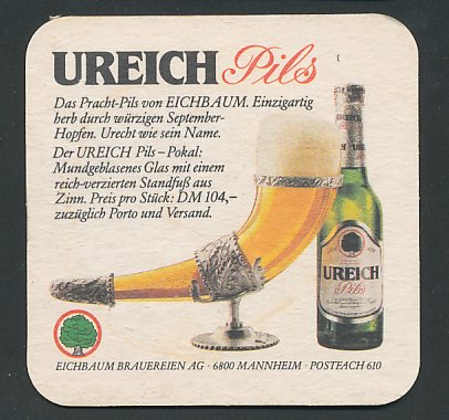 Bierdeckel Eichbaum Brauerei Mannheim Ureich Pils Eichenblatt-Form Sammlerstück