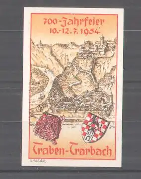 Reklamemarke Traben - Trarbach, 700 Jahrfeier 1954, Ortspartie im Gebirge, Wappen