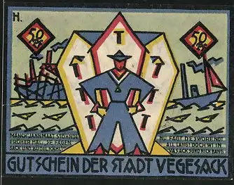 Notgeld Vegesack 1921, 50 Pfennig, Seemann mit Schiffen, Wappen