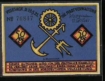 Notgeld Vegesack 1921, 50 Pfennig, Seemann mit Schiffen, Wappen